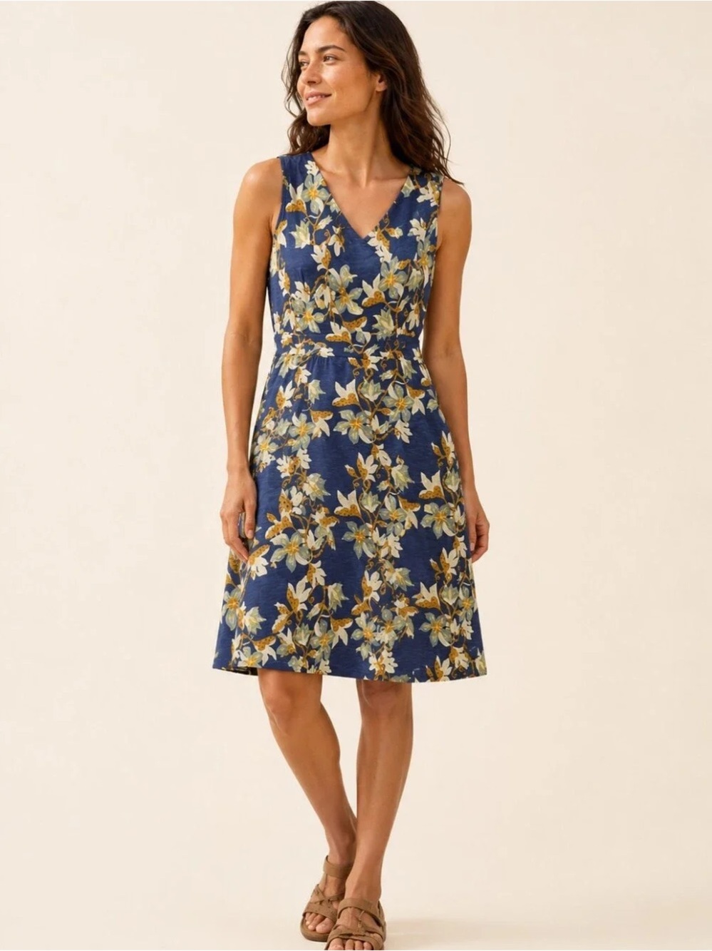 Patagonia V-Neck Porch Song Midi Dress in Navy and Yellow Floral